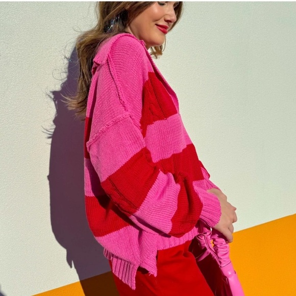 NWT,Anthro’s Oddy,Pink & Red Striped Oversized Sweater,Soft, Strechy, Size 1X - Picture 2 of 13
